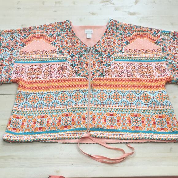 Chico’s kimono sleeve Mexican geometric print full zip lightweight jacket sz 0P - Picture 1 of 7